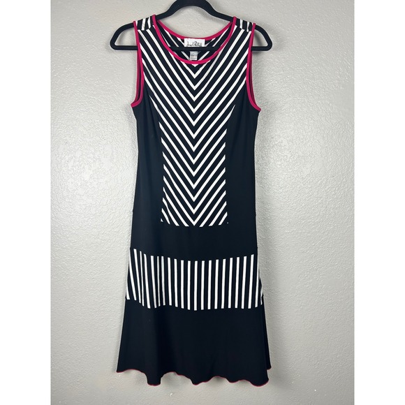 Joseph Ribkoff Dresses & Skirts - Joseph Ribkoff Black White Striped Sleeveless Dress Pink Trim Size 10 Chevron